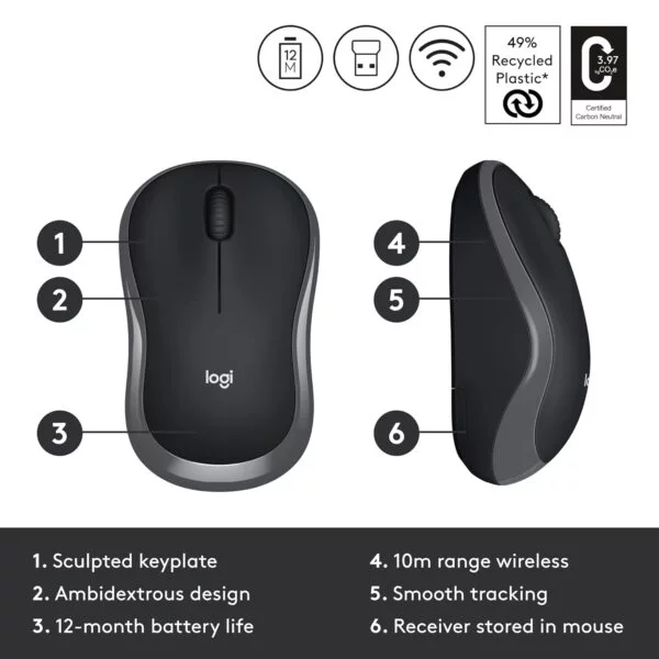 Logitech M186 Wireless Mouse, 2.4GHz with USB Mini Receiver, 12-Month Battery Life, 1000 DPI Optical Tracking, Ambidextrous, Compatible with PC, Mac, Laptop - Image 5